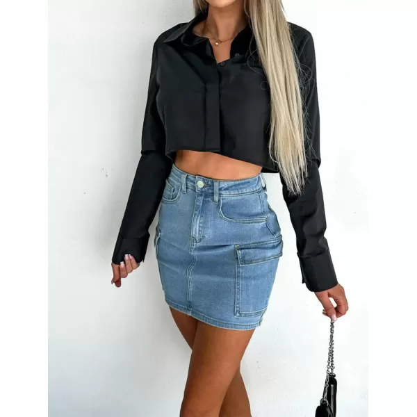 IDEALSANXUN Cargo Blue Jean Skirts for Women High Waisted Pencil Bodycon Y2K Fall Denim Mini SkirtBlue