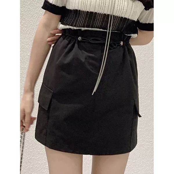 IDEALSANXUN Cargo Mini Skirt for Women High Waisted Drawstring Y2k Bodycon Fall Skirt with PocketBlack