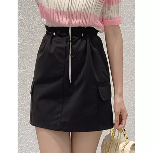 IDEALSANXUN Cargo Mini Skirt for Women High Waisted Drawstring Y2k Bodycon Fall Skirt with PocketBlack