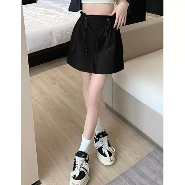 IDEALSANXUN Cargo Mini Skirt for Women High Waisted Drawstring Y2k Bodycon Fall Skirt with PocketBlack
