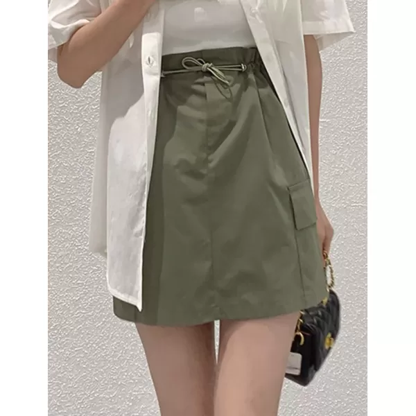 IDEALSANXUN Cargo Mini Skirt for Women High Waisted Drawstring Y2k Bodycon Fall Skirt with PocketGreen