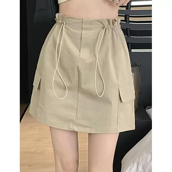 IDEALSANXUN Cargo Mini Skirt for Women High Waisted Drawstring Y2k Bodycon Fall Skirt with PocketKhaki