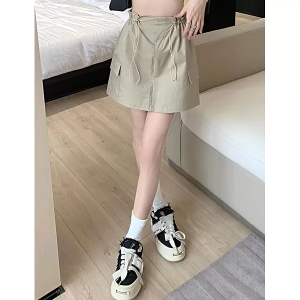 IDEALSANXUN Cargo Mini Skirt for Women High Waisted Drawstring Y2k Bodycon Fall Skirt with PocketKhaki