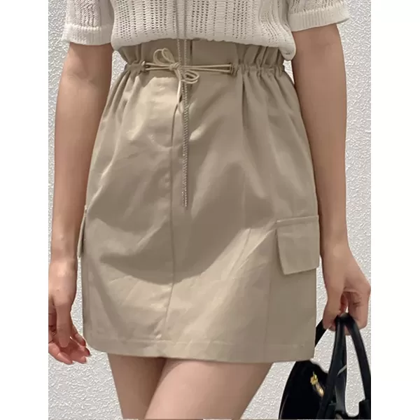 IDEALSANXUN Cargo Mini Skirt for Women High Waisted Drawstring Y2k Bodycon Fall Skirt with PocketKhaki