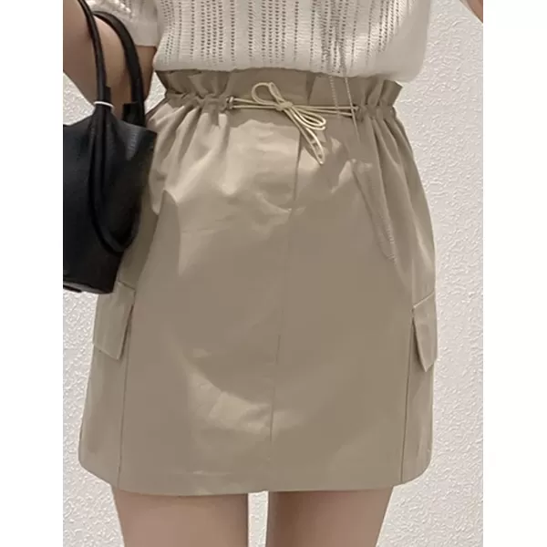 IDEALSANXUN Cargo Mini Skirt for Women High Waisted Drawstring Y2k Bodycon Fall Skirt with PocketKhaki