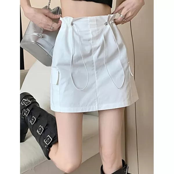 IDEALSANXUN Cargo Mini Skirt for Women High Waisted Drawstring Y2k Bodycon Fall Skirt with PocketWhite