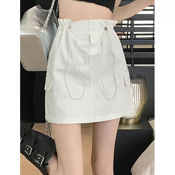 IDEALSANXUN Cargo Mini Skirt for Women High Waisted Drawstring Y2k Bodycon Fall Skirt with PocketWhite