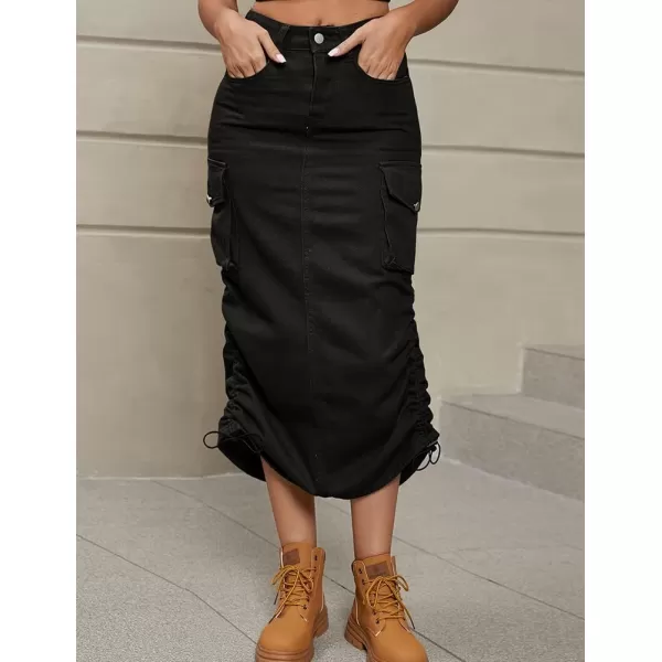 IDEALSANXUN Cargo Skirts for Women Midi Long Denim Jean Skirt1black
