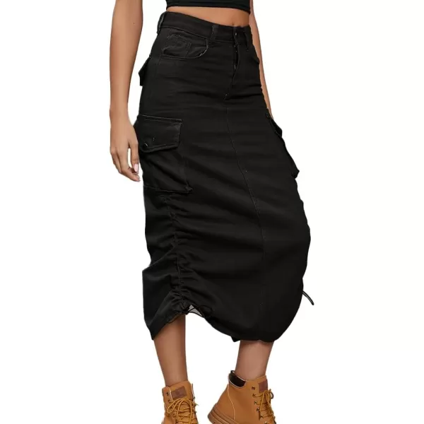 IDEALSANXUN Cargo Skirts for Women Midi Long Denim Jean Skirt1black