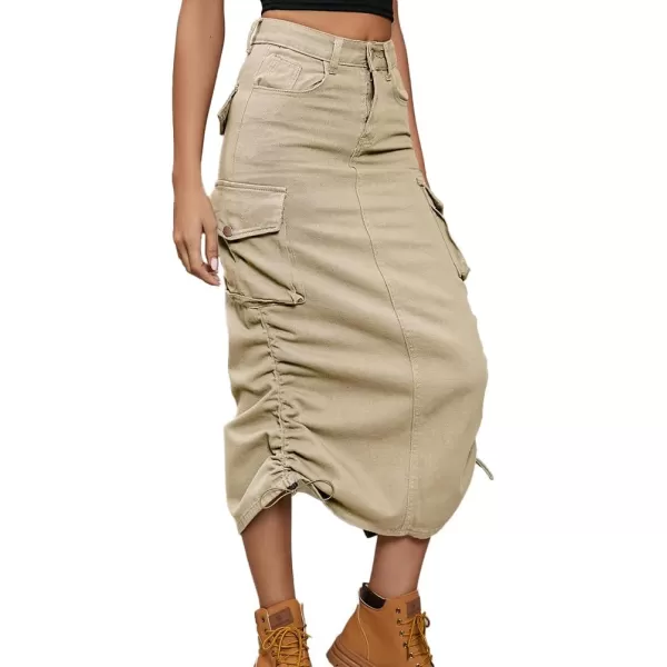 IDEALSANXUN Cargo Skirts for Women Midi Long Denim Jean Skirt1khaki