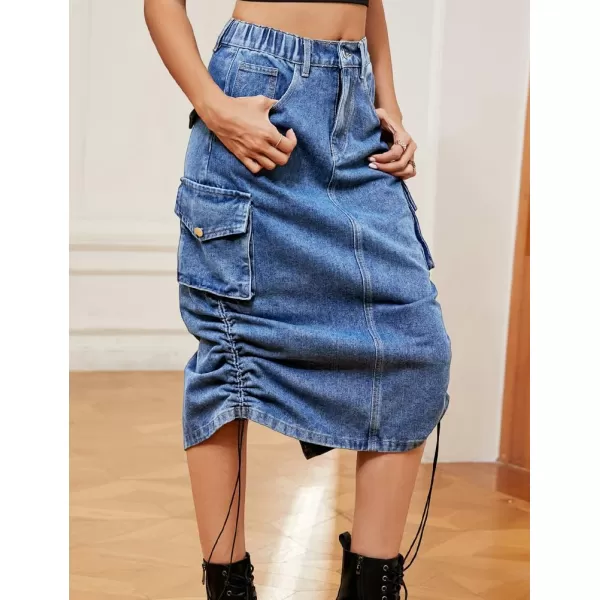 IDEALSANXUN Cargo Skirts for Women Midi Long Denim Jean SkirtDenim Blue