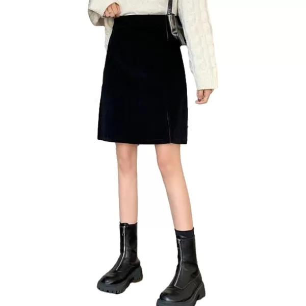 IDEALSANXUN Corduroy Knee Length Skirt for Women High Waisted A Line Fall Winter Skirt with SlitBlack