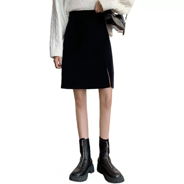 IDEALSANXUN Corduroy Knee Length Skirt for Women High Waisted A Line Fall Winter Skirt with SlitBlack