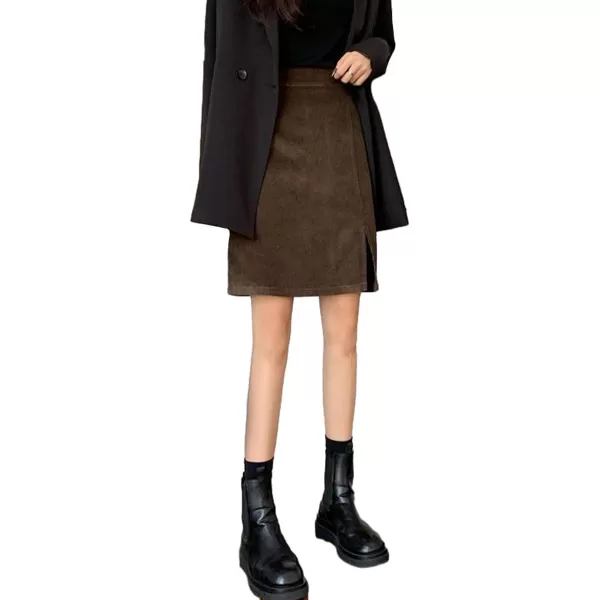 IDEALSANXUN Corduroy Knee Length Skirt for Women High Waisted A Line Fall Winter Skirt with SlitCoffee