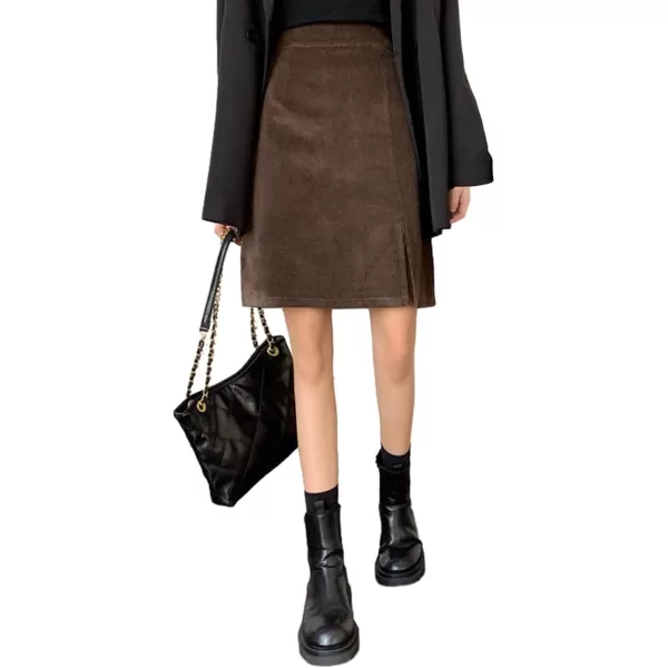 IDEALSANXUN Corduroy Knee Length Skirt for Women High Waisted A Line Fall Winter Skirt with SlitCoffee