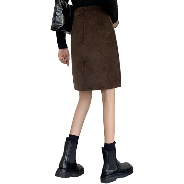 IDEALSANXUN Corduroy Knee Length Skirt for Women High Waisted A Line Fall Winter Skirt with SlitCoffee
