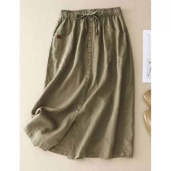 IDEALSANXUN Cotton Linen Skirt for Women High Waisted Spring Summer Flowy A Line Long Midi SkirtKhaki