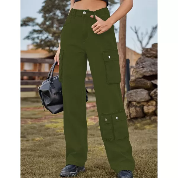 IDEALSANXUN Denim Cargo Pants for Women 2023 High Waisted Y2K Straight Leg Jeans Trousers with Flap PocketArmy Green