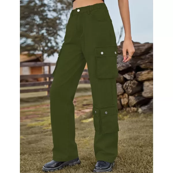 IDEALSANXUN Denim Cargo Pants for Women 2023 High Waisted Y2K Straight Leg Jeans Trousers with Flap PocketArmy Green