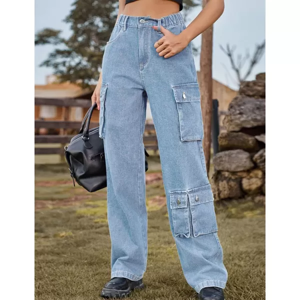 IDEALSANXUN Denim Cargo Pants for Women 2023 High Waisted Y2K Straight Leg Jeans Trousers with Flap PocketLight Blue