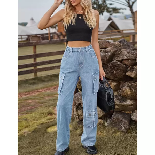 IDEALSANXUN Denim Cargo Pants for Women 2023 High Waisted Y2K Straight Leg Jeans Trousers with Flap PocketLight Blue