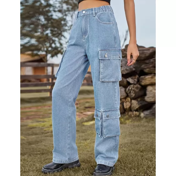 IDEALSANXUN Denim Cargo Pants for Women 2023 High Waisted Y2K Straight Leg Jeans Trousers with Flap PocketLight Blue