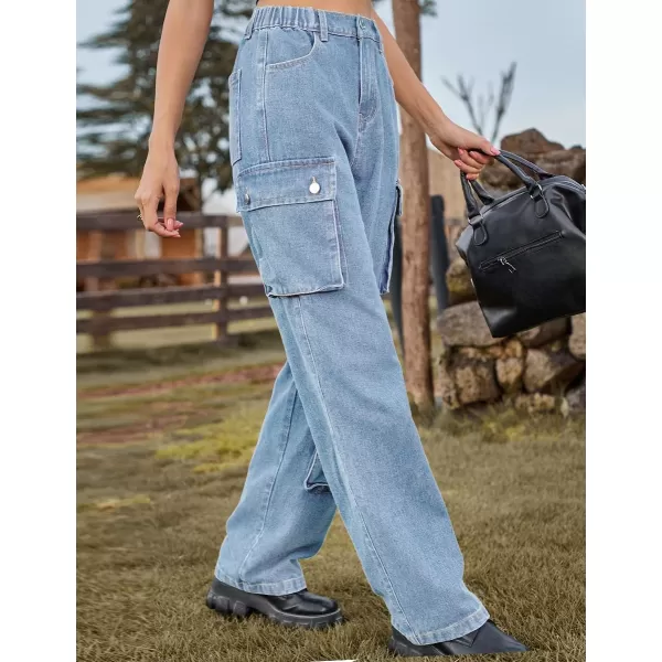 IDEALSANXUN Denim Cargo Pants for Women 2023 High Waisted Y2K Straight Leg Jeans Trousers with Flap PocketLight Blue