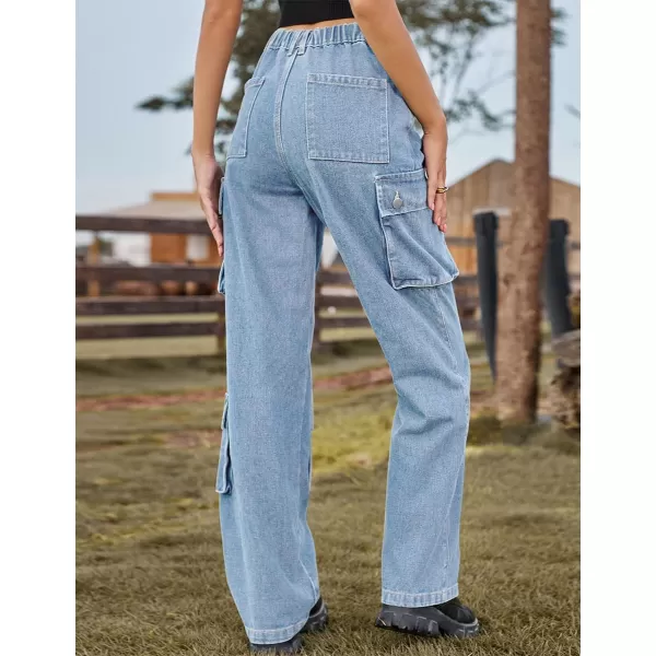 IDEALSANXUN Denim Cargo Pants for Women 2023 High Waisted Y2K Straight Leg Jeans Trousers with Flap PocketLight Blue