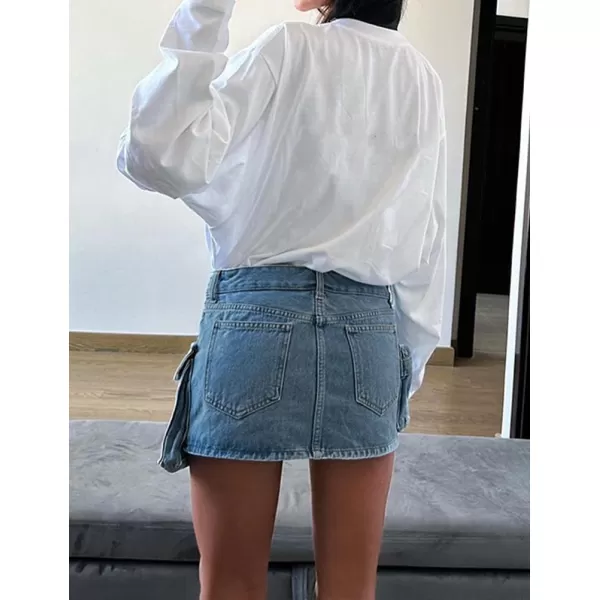 IDEALSANXUN Denim Cargo Skirt for Women Y2k High Waisted Asymmetrical Bodycon Fall 2023 Jean Mini SkirtBlue