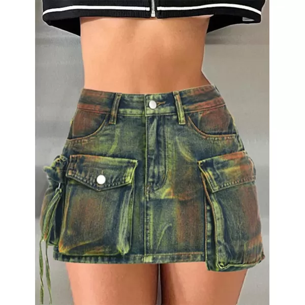 IDEALSANXUN Denim Cargo Skirt for Women Y2k High Waisted Asymmetrical Bodycon Fall 2023 Jean Mini SkirtGreen