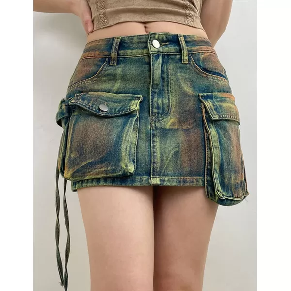IDEALSANXUN Denim Cargo Skirt for Women Y2k High Waisted Asymmetrical Bodycon Fall 2023 Jean Mini SkirtGreen
