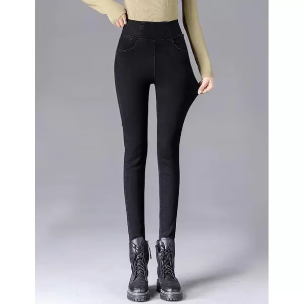 IDEALSANXUN Fleece Lined Jeans for Women Fall Winter 2023 Elastic Waist Heated Insulated Skinny Casual Denim PantsBlack