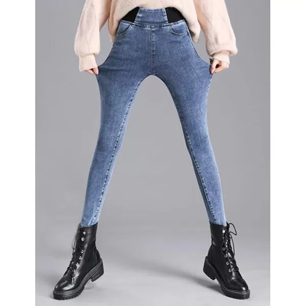 IDEALSANXUN Fleece Lined Jeans for Women Fall Winter 2023 Elastic Waist Heated Insulated Skinny Casual Denim PantsBlue