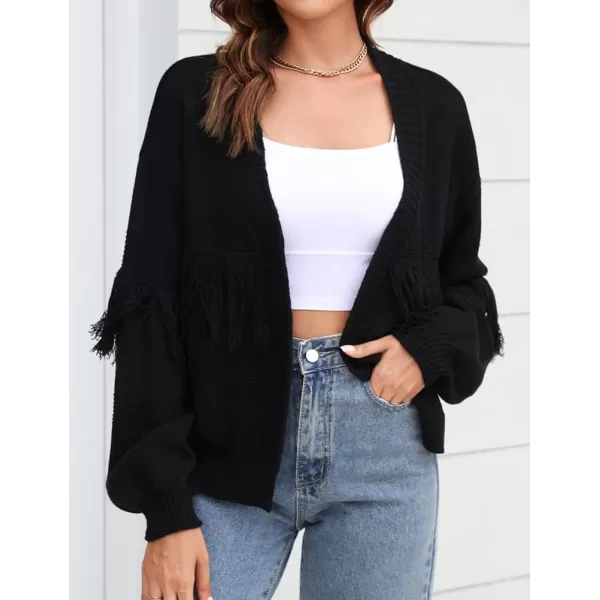 IDEALSANXUN Fringe Sweater Cardigan Women V Neck Balloon Sleeve Fall Winter Loose Fit Knit Sweater Jacket CoatBlack