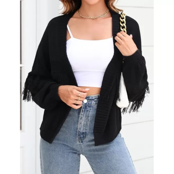 IDEALSANXUN Fringe Sweater Cardigan Women V Neck Balloon Sleeve Fall Winter Loose Fit Knit Sweater Jacket CoatBlack