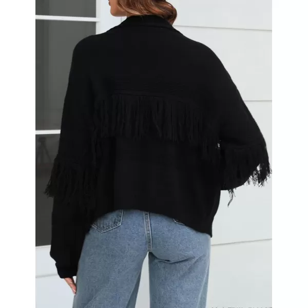 IDEALSANXUN Fringe Sweater Cardigan Women V Neck Balloon Sleeve Fall Winter Loose Fit Knit Sweater Jacket CoatBlack