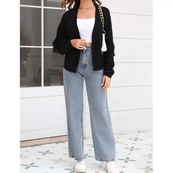 IDEALSANXUN Fringe Sweater Cardigan Women V Neck Balloon Sleeve Fall Winter Loose Fit Knit Sweater Jacket CoatBlack