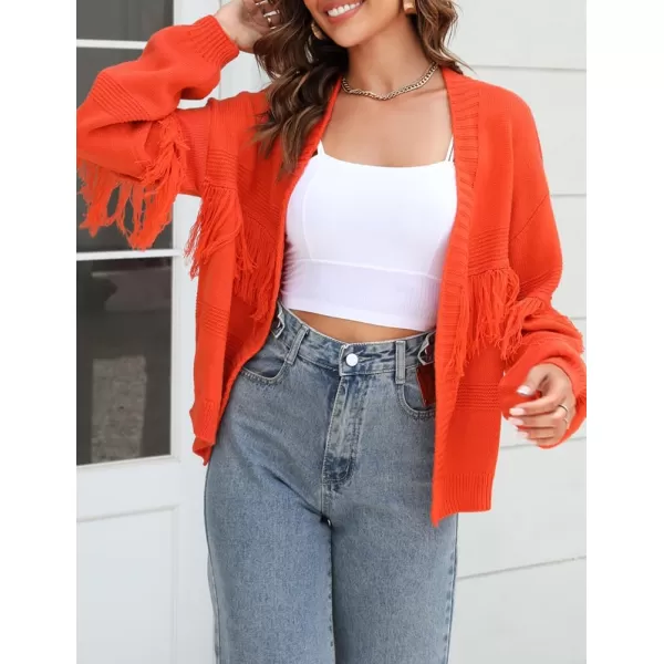 IDEALSANXUN Fringe Sweater Cardigan Women V Neck Balloon Sleeve Fall Winter Loose Fit Knit Sweater Jacket CoatOrange