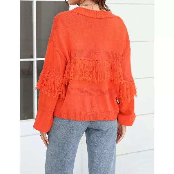IDEALSANXUN Fringe Sweater Cardigan Women V Neck Balloon Sleeve Fall Winter Loose Fit Knit Sweater Jacket CoatOrange