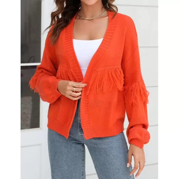 IDEALSANXUN Fringe Sweater Cardigan Women V Neck Balloon Sleeve Fall Winter Loose Fit Knit Sweater Jacket CoatOrange