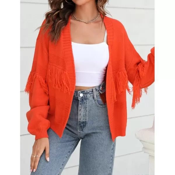 IDEALSANXUN Fringe Sweater Cardigan Women V Neck Balloon Sleeve Fall Winter Loose Fit Knit Sweater Jacket CoatOrange