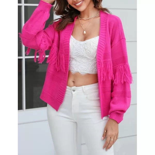 IDEALSANXUN Fringe Sweater Cardigan Women V Neck Balloon Sleeve Fall Winter Loose Fit Knit Sweater Jacket CoatRose