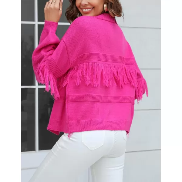 IDEALSANXUN Fringe Sweater Cardigan Women V Neck Balloon Sleeve Fall Winter Loose Fit Knit Sweater Jacket CoatRose