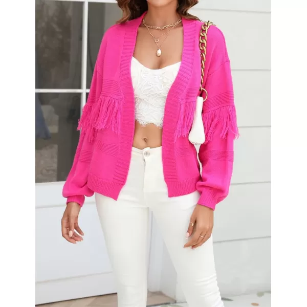 IDEALSANXUN Fringe Sweater Cardigan Women V Neck Balloon Sleeve Fall Winter Loose Fit Knit Sweater Jacket CoatRose