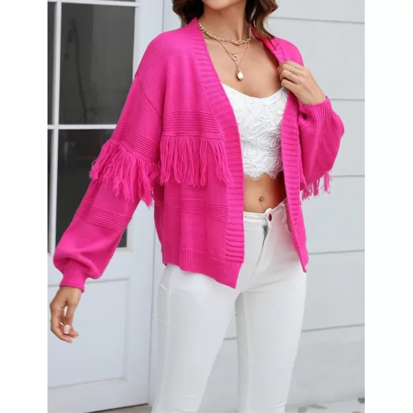 IDEALSANXUN Fringe Sweater Cardigan Women V Neck Balloon Sleeve Fall Winter Loose Fit Knit Sweater Jacket CoatRose