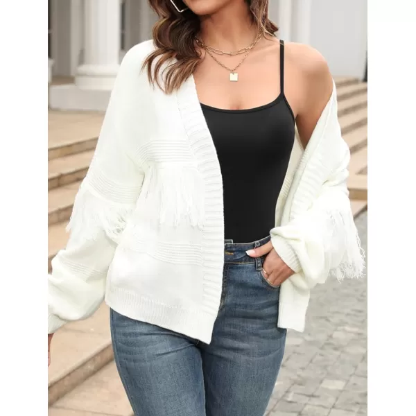 IDEALSANXUN Fringe Sweater Cardigan Women V Neck Balloon Sleeve Fall Winter Loose Fit Knit Sweater Jacket CoatWhite