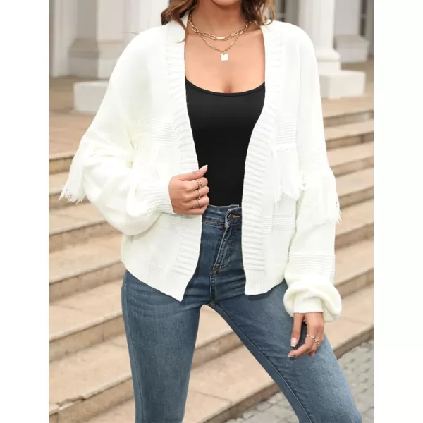 IDEALSANXUN Fringe Sweater Cardigan Women V Neck Balloon Sleeve Fall Winter Loose Fit Knit Sweater Jacket CoatWhite
