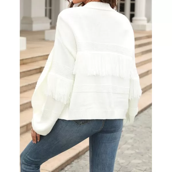 IDEALSANXUN Fringe Sweater Cardigan Women V Neck Balloon Sleeve Fall Winter Loose Fit Knit Sweater Jacket CoatWhite