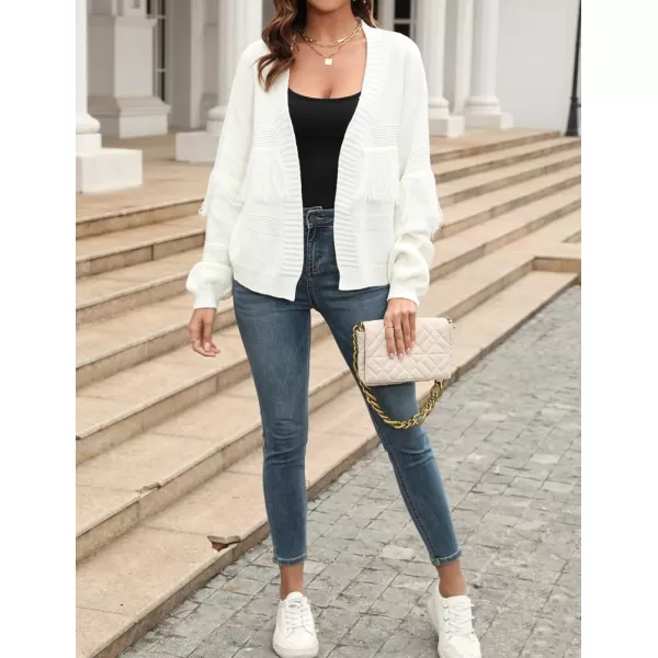 IDEALSANXUN Fringe Sweater Cardigan Women V Neck Balloon Sleeve Fall Winter Loose Fit Knit Sweater Jacket CoatWhite