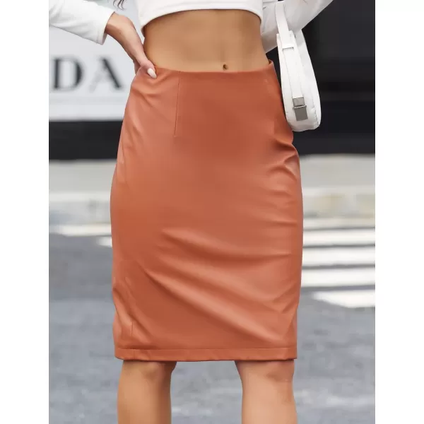 IDEALSANXUN Leather Skirts for Women Midi Length High Waisted Pencil Skirt with SlitBrown